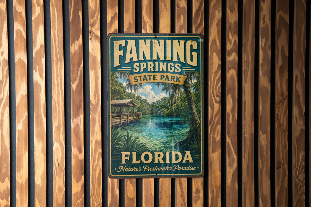 A vintage-style metal sign for Florida Springs State Park, featuring a scenic illustration of a tropical landscape with a river and palm trees.