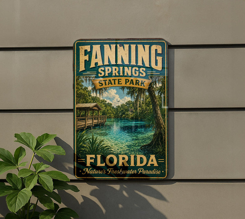 A vintage-style sign for Fannin Springs State Park in Florida, featuring a scenic image of a river, palm trees, and a wooden bridge.