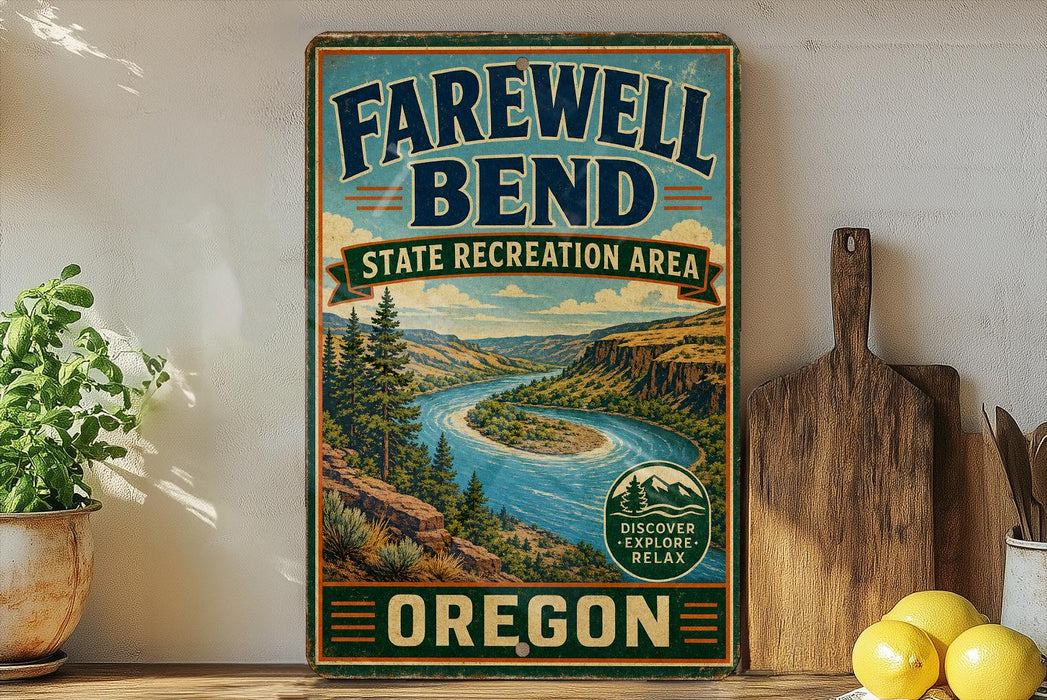 a vintage-style sign for the Farewell Bend State Recreation Area in Oregon, with a scenic illustration of a river and mountains.