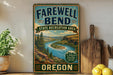 a vintage-style sign for the Farewell Bend State Recreation Area in Oregon, with a scenic illustration of a river and mountains.