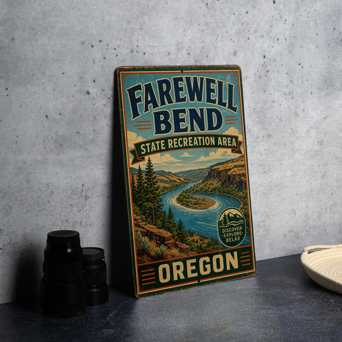a vintage-style sign for the Farewell Bend State Recreation Area in Oregon, with a scenic landscape of mountains, trees, and a winding river.