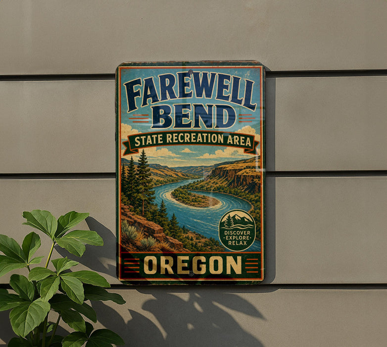 a vintage metal sign for the Farewell Bend State Recreation Area in Oregon, with a scenic landscape of a river and mountains in the background.