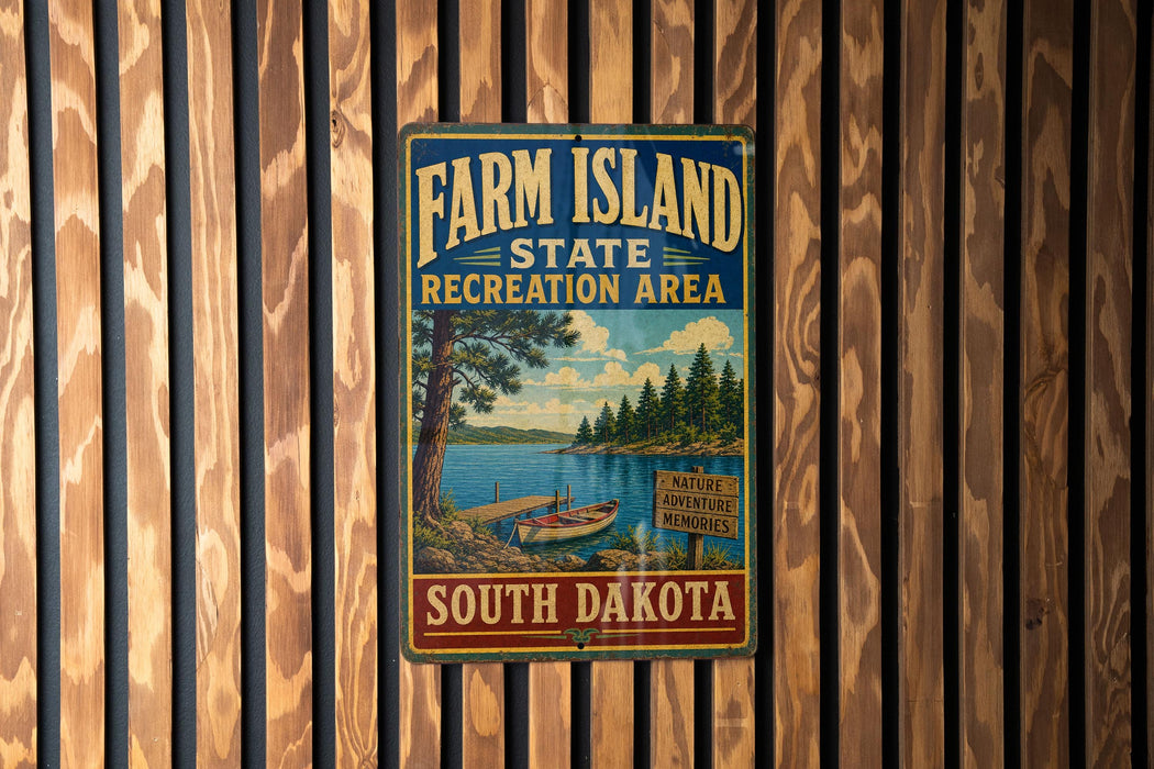 A vintage-style metal sign for Farm Island State Recreation Area in South Dakota, featuring a scenic landscape with a lake, pine trees, and a boat.