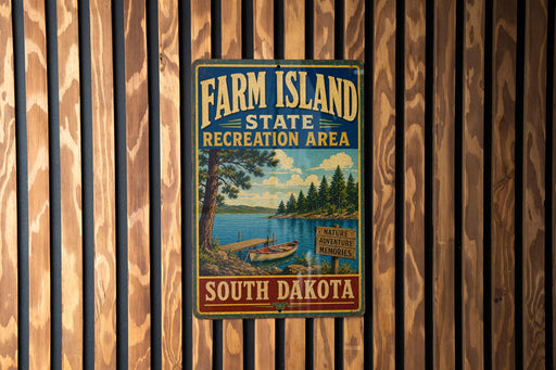 A vintage-style metal sign for Farm Island State Recreation Area in South Dakota, featuring a scenic landscape with a lake, pine trees, and a boat.