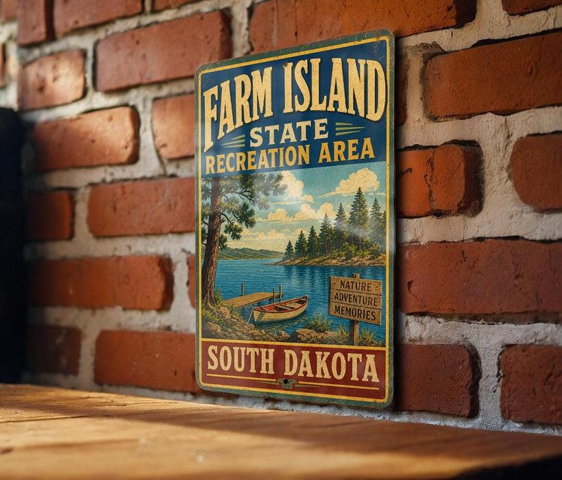 A vintage-style sign for the Farm Island State Recreation Area in South Dakota, featuring a scenic landscape with a lake, trees, and a boat.