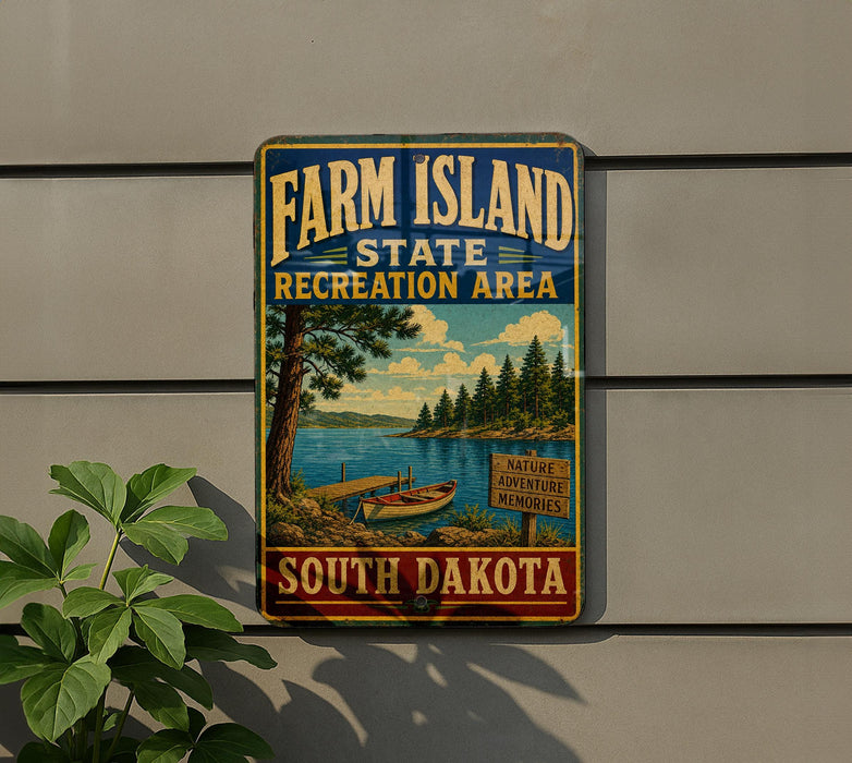 A vintage-style sign for Farm Island State Recreation Area in South Dakota, featuring a scenic illustration of a lake, pine trees, and a boat.