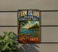 A vintage-style sign for Farm Island State Recreation Area in South Dakota, featuring a scenic illustration of a lake, pine trees, and a boat.