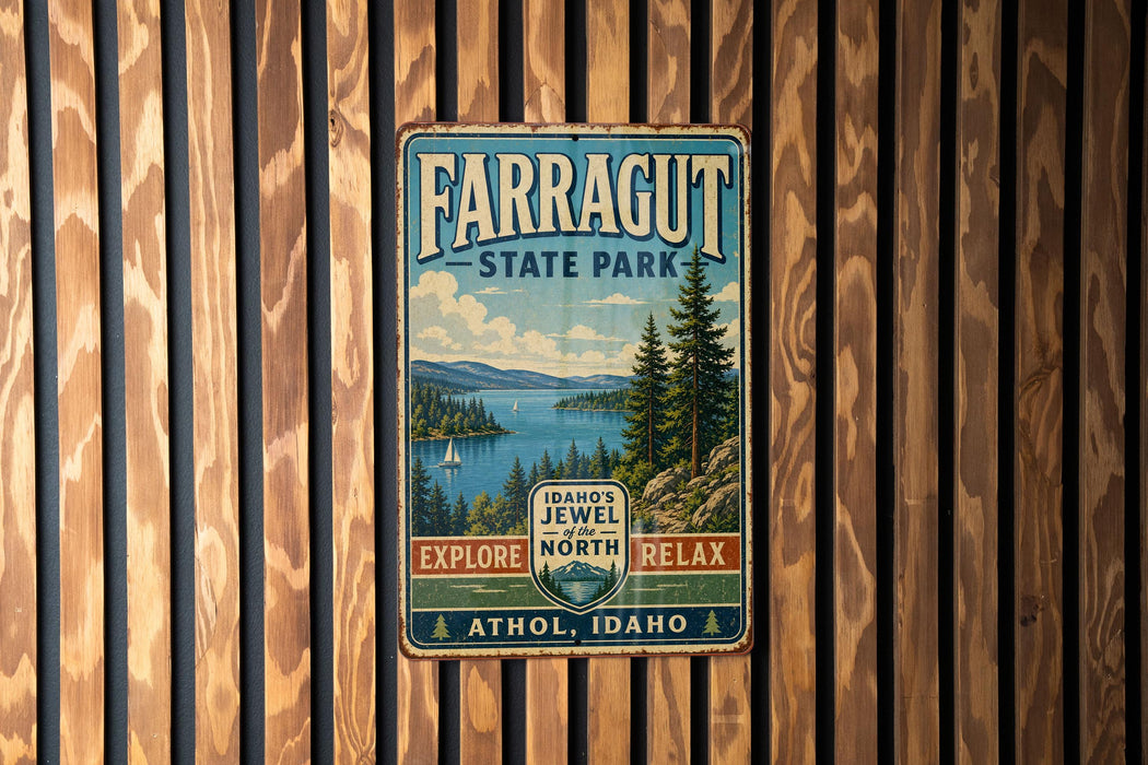 A vintage metal sign for Farragut State Park, featuring a scenic landscape with pine trees, a lake, and mountains.