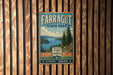A vintage metal sign for Farragut State Park, featuring a scenic landscape with pine trees, a lake, and mountains.
