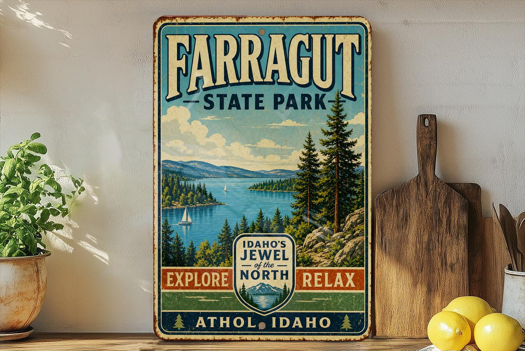 a vintage-style sign for Farragut State Park, with a scenic landscape of pine trees, a lake, and mountains in the background.