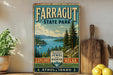 a vintage-style sign for Farragut State Park, with a scenic landscape of pine trees, a lake, and mountains in the background.