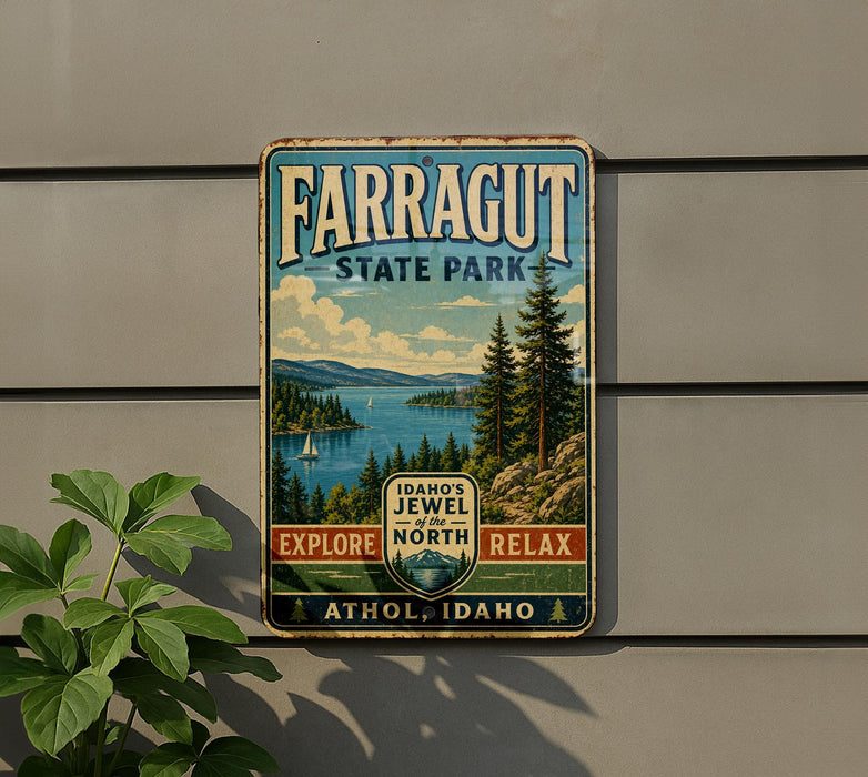 a vintage-style sign for Farragut State Park, with a scenic landscape of pine trees, a lake, and mountains in the background.
