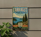a vintage-style sign for Farragut State Park, with a scenic landscape of pine trees, a lake, and mountains in the background.