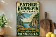 A vintage-style sign for Father Henepin State Park in Minnesota, featuring a scenic illustration of a lake surrounded by mountains and pine trees.