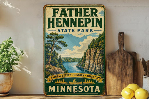 A vintage-style sign for Father Henepin State Park in Minnesota, featuring a scenic illustration of a lake surrounded by mountains and pine trees.