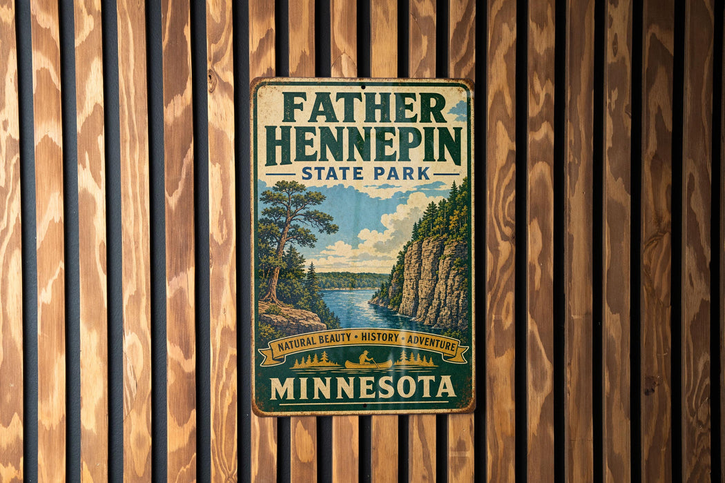 A vintage metal sign for Father Henepin State Park in Minnesota, featuring a scenic illustration of a river and forest.