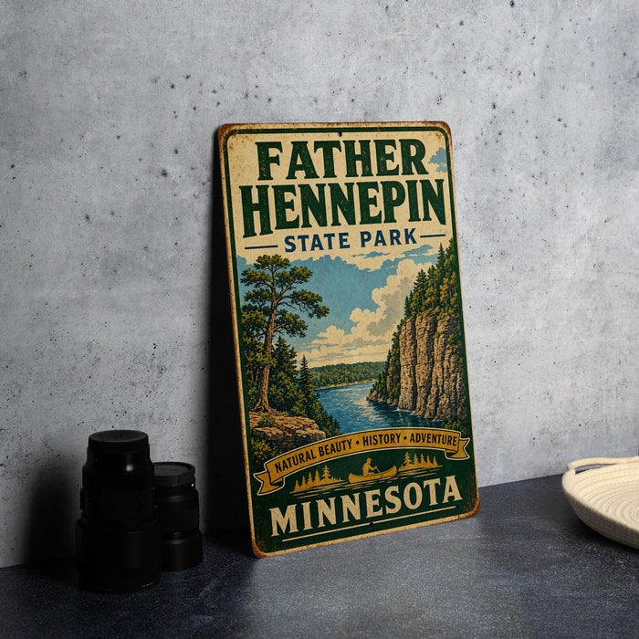 A vintage-style metal sign for Father Henepin State Park in Minnesota, featuring a scenic illustration of a lake and mountains.