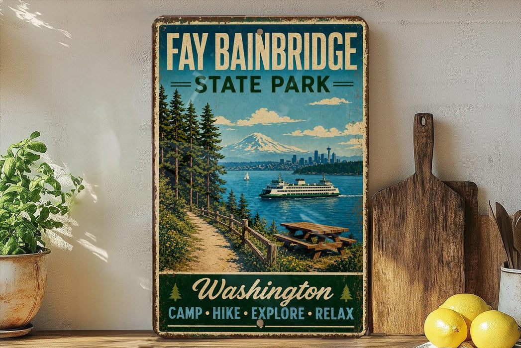 A vintage-style sign for Fay Babinbridge State Park, featuring a scenic image of a path leading to a picnic area with a boat on the water, surrounded by pine trees and mountains.