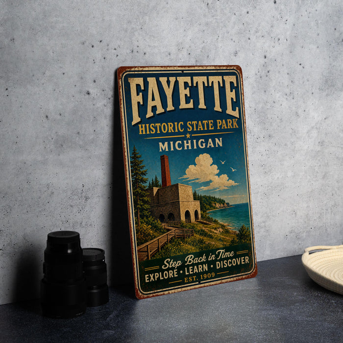 A vintage-style metal sign for Fayette Historic State Park in Michigan, featuring a scenic illustration of a lighthouse and a coastal landscape.