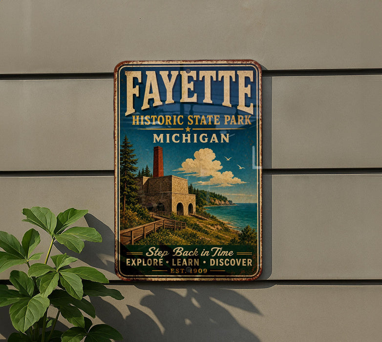 A vintage-style metal sign for FAYETTE Historic State Park in Michigan, featuring a scenic illustration of a castle, trees, and a body of water.