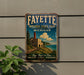 A vintage-style metal sign for FAYETTE Historic State Park in Michigan, featuring a scenic illustration of a castle, trees, and a body of water.