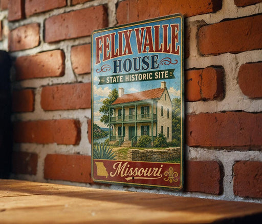 A vintage-style metal sign for the Felix Valle House, a historic site in Missouri, is displayed on a brick wall.