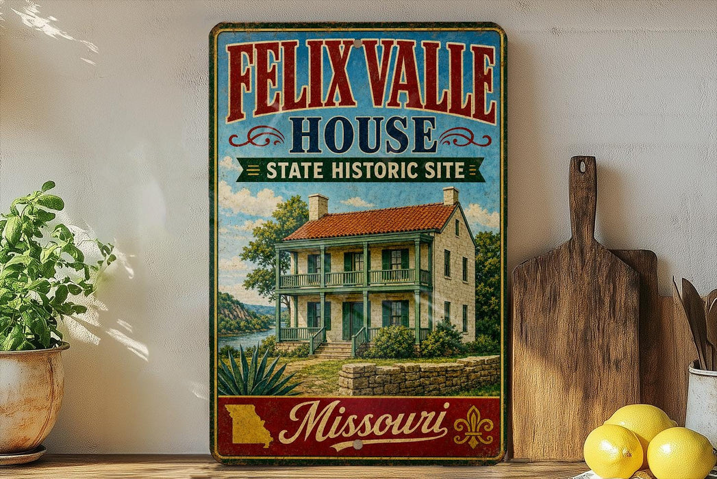 A vintage-style metal sign for the Felix Valle House, a historic site in Missouri, with a picture of the house and surrounding landscape.