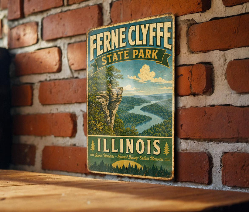 A vintage-style metal sign for Fernne Clyde State Park in Illinois, featuring a scenic landscape with a river and mountains.