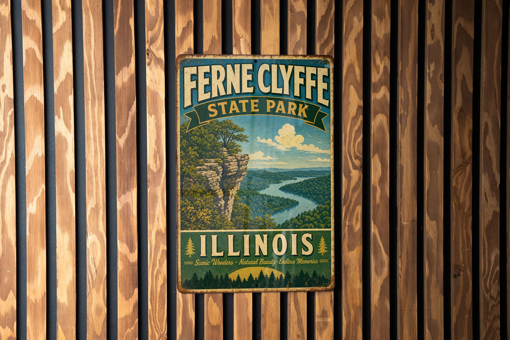 A vintage metal sign for Fernie Clyffe State Park in Illinois, featuring a scenic landscape with a river and mountains.