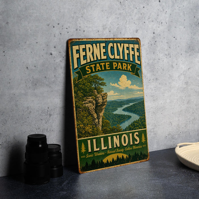 A vintage-style sign for Fernie Clyde State Park in Illinois, featuring a scenic landscape with a river and mountains.