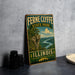 A vintage-style sign for Fernie Clyde State Park in Illinois, featuring a scenic landscape with a river and mountains.