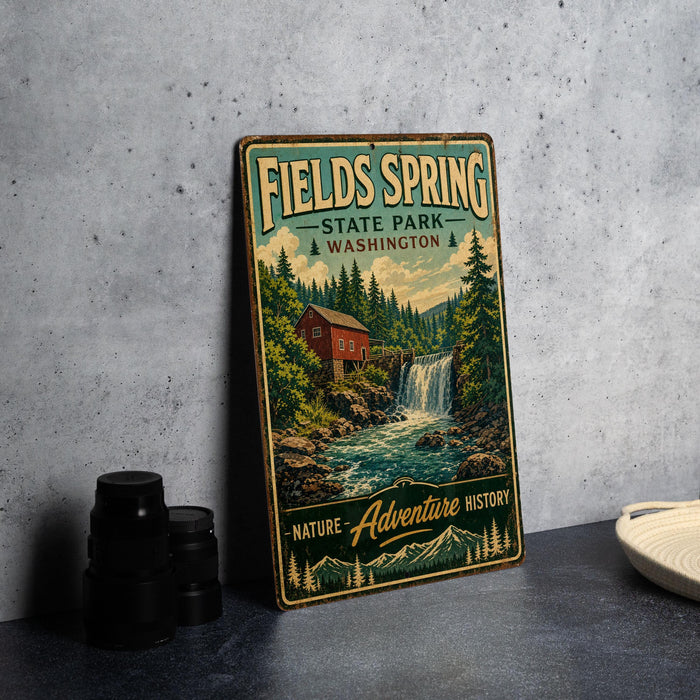 A vintage-style metal sign for "Fields Spring State Park, Washington" featuring a waterfall and a red cabin, placed on a gray countertop next to some black camera lenses.
