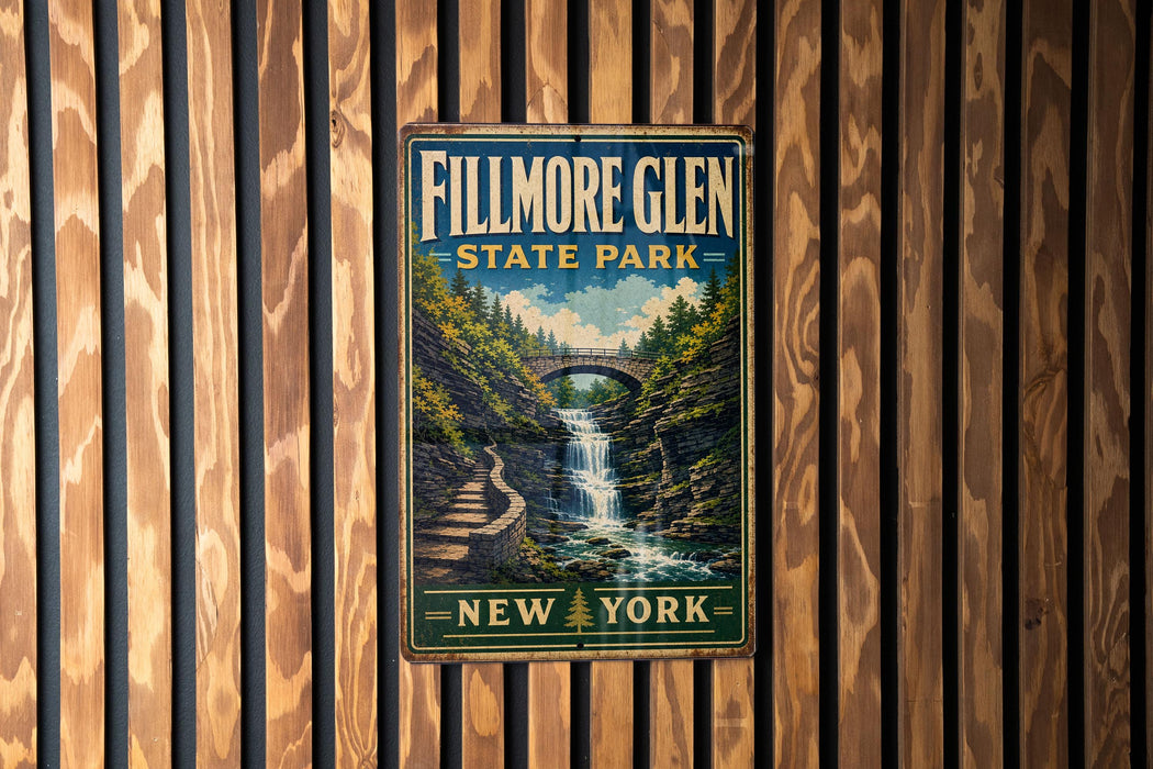 A vintage metal sign for Fillmore Glen State Park in New York, featuring a scenic image of a waterfall surrounded by lush greenery.