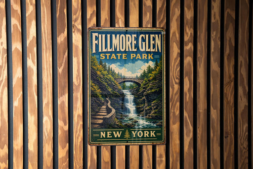 A vintage metal sign for Fillmore Glen State Park in New York, featuring a scenic image of a waterfall surrounded by lush greenery.