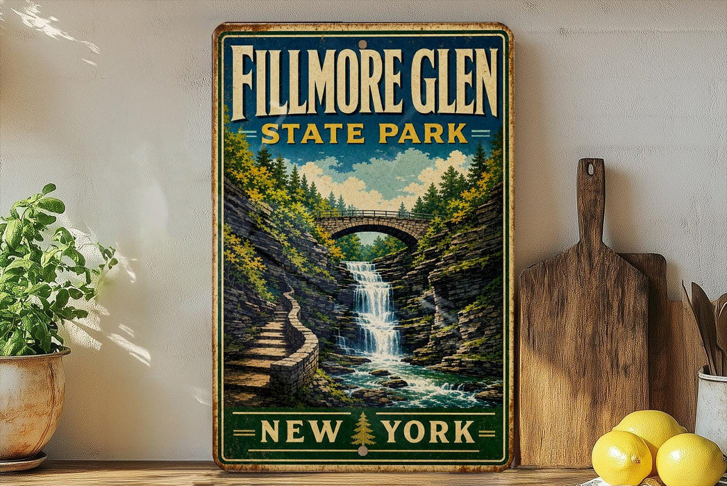 A vintage-style sign for Fillmore Glen State Park in New York, featuring a scenic illustration of a waterfall and a bridge.