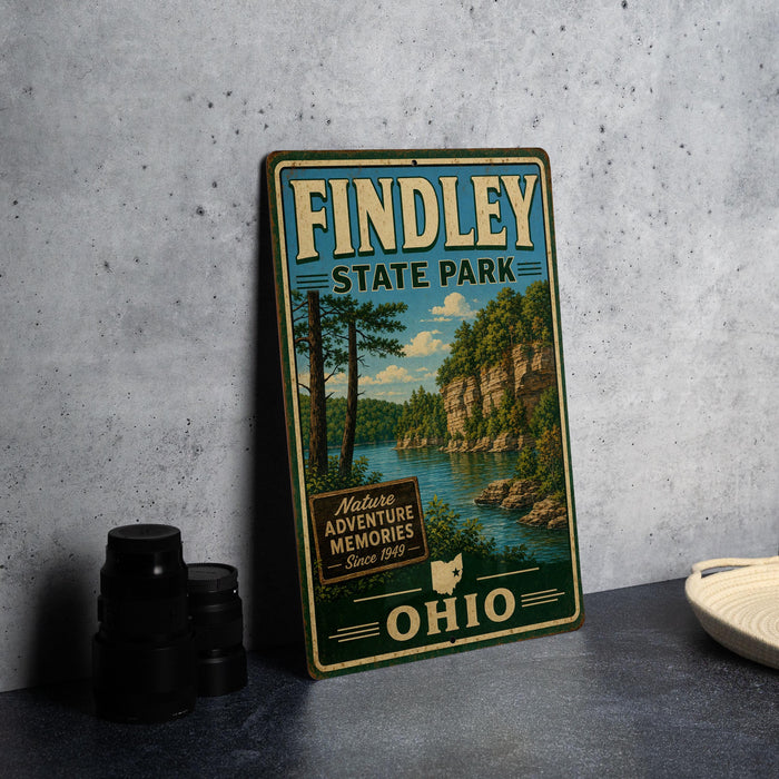 A vintage metal sign for Findley State Park, featuring a scenic landscape with a river and trees, is displayed on a gray countertop next to some black camera lenses.