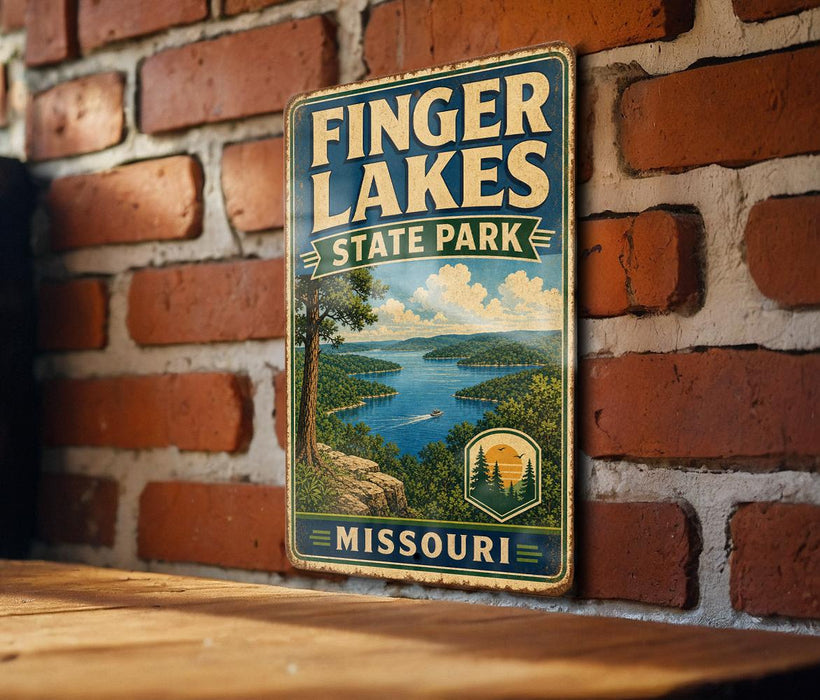 A vintage-style metal sign for Finger Lakes State Park in Missouri, featuring a scenic landscape with a lake and mountains.