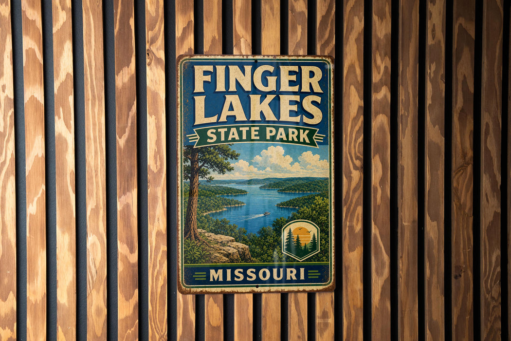 A vintage metal sign for Finger Lakes State Park in Missouri, featuring a scenic landscape with a lake and mountains.