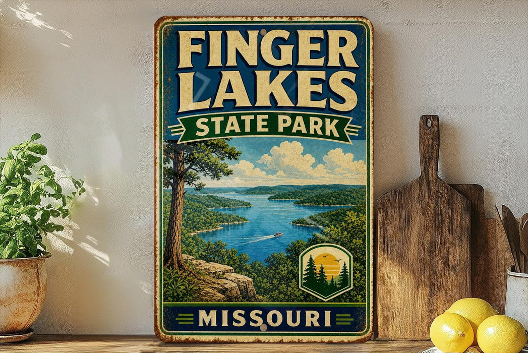 A vintage-style sign for Finger Lakes State Park in Missouri, featuring a scenic landscape with a lake, mountains, and a boat on the water.