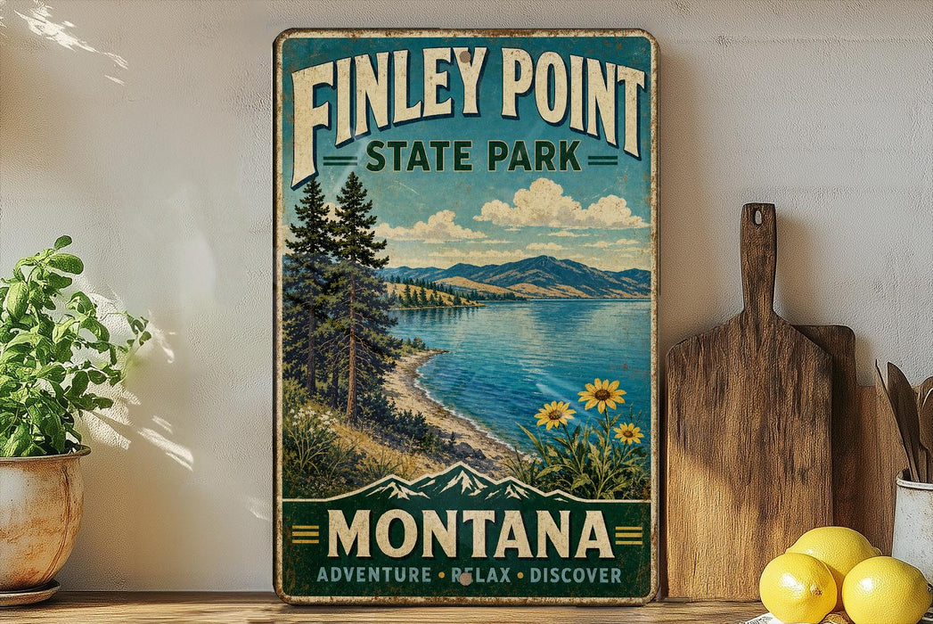 A vintage-style sign for Finley Point State Park in Montana, featuring a scenic landscape with pine trees, a lake, and mountains.