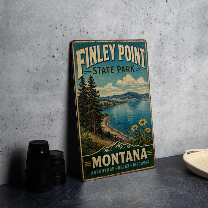 A vintage tin sign for Finley Point State Park in Montana, featuring a scenic landscape with pine trees, a lake, and mountains.