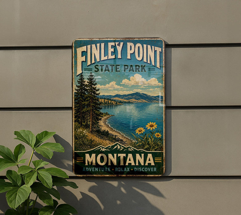 A vintage-style metal sign for Finley Point State Park in Montana, featuring a scenic landscape with pine trees, a lake, and mountains.