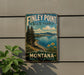 A vintage-style metal sign for Finley Point State Park in Montana, featuring a scenic landscape with pine trees, a lake, and mountains.