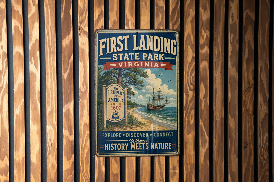 a vintage-style metal sign for First Landing State Park, Virginia, mounted on a wooden wall.