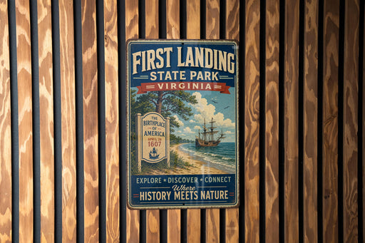 a vintage-style metal sign for First Landing State Park, Virginia, mounted on a wooden wall.