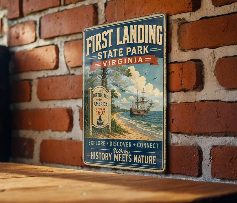 a vintage-style metal sign with a ship and beach scene, mounted on a brick wall.