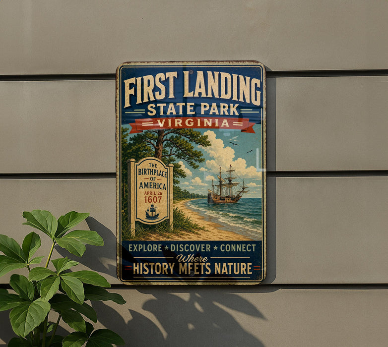 a vintage-style sign for First Landing State Park, Virginia, with a ship and beach scene depicted.