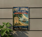 a vintage-style sign for First Landing State Park, Virginia, with a ship and beach scene depicted.