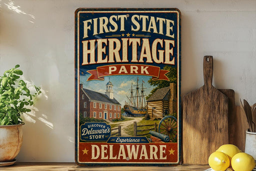 a vintage-style sign for First State Heritage Park in Delaware, with a picture of a historic building and ship on the sign.
