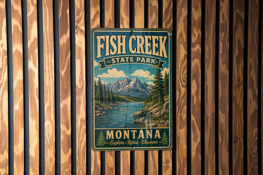 A vintage-style metal sign for Fish Creek State Park in Montana, featuring a scenic mountain landscape with a river and pine trees.